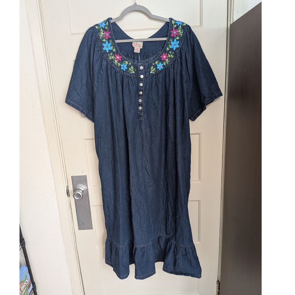Vermont Country Store Floral Embroidered Denim Muumuu Dress Blue 3X Plus Size